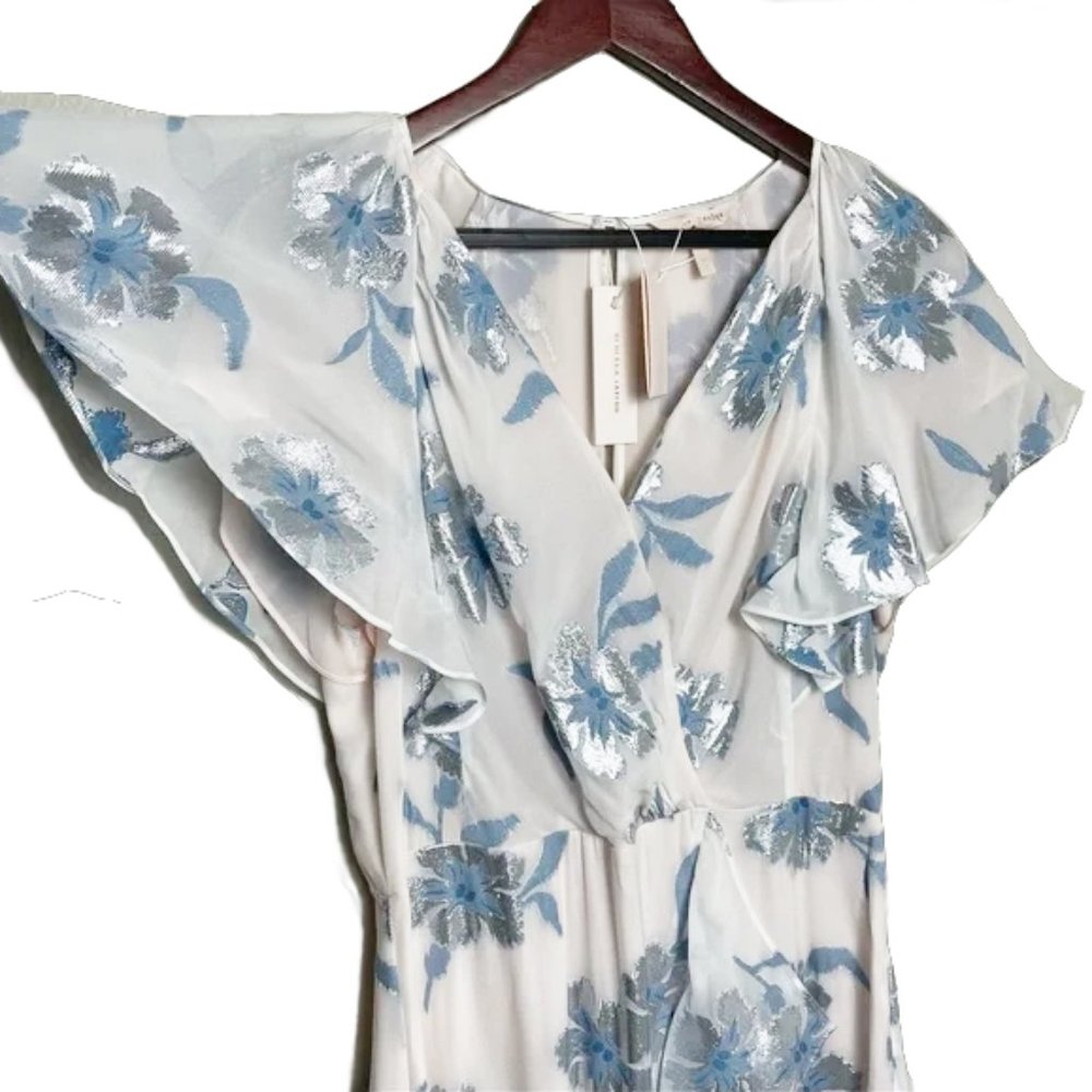 NEW Rebecca Taylor Women Met Fleur Silk Silver Floral Ruffle Flutter Midi Dress - Picture 7 of 7